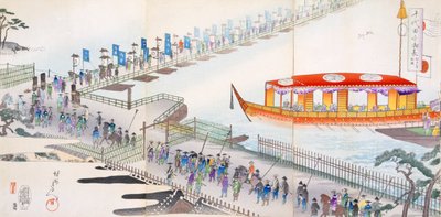 Asistiendo a un festival: cruzando un puente flotante hacia el sitio sagrado de Japanese School