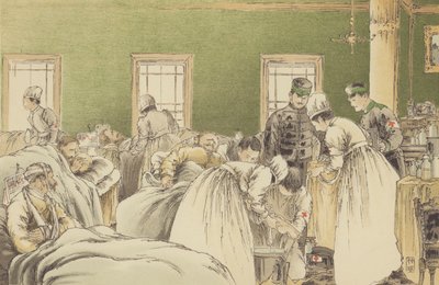 Atención a los heridos rusos en el Hospital Temporal de la Cruz Roja Japonesa en Chemulpo (cromolito) de Japanese School