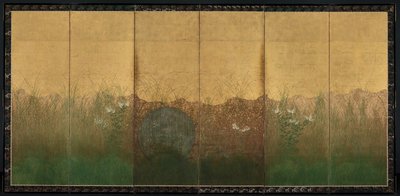 Tarde de Otoño con Luna Llena en la Llanura de Musashino, Uno de un par de biombos de seis pliegues, principios de 1600 de Japanese School