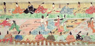 Escena de banquete de un rollo pintado del Cuento de Muramatsu de Japanese School