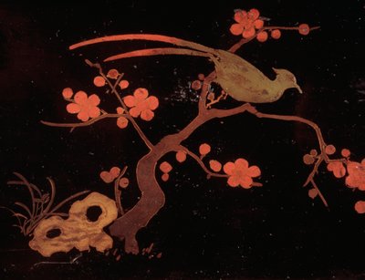 Motivos de aves y flores, caja de madera y laca de Japanese School