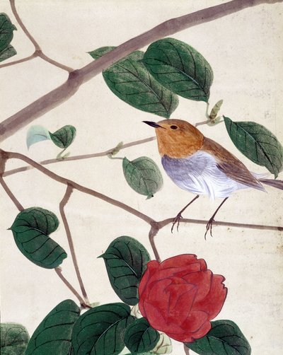 Pájaro y flores. Dibujo japonés de Riou Chim, finales del siglo XIX de Japanese School