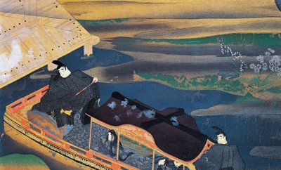 Barco a la luz de la luna, de Fujiwara Nobuzane (1176-1265), ilustración del Diario de Murasaki Shikibu, civilización japonesa de Japanese School
