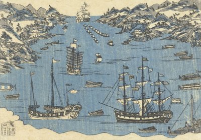 Impresión de Bunkindo de barcos extranjeros en el puerto de Nagasaki, 1800-50 de Japanese School