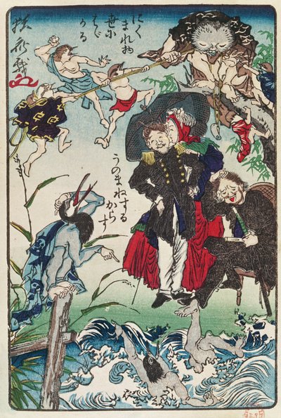 Caricatura de japoneses vistiendo ropa occidental, c.1870 de Japanese School