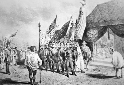 El comodoro Perry en Japón en 1853 reuniéndose con los comisionados imperiales en Yokohama de Japanese School