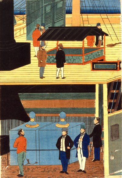 Sección transversal de un barco europeo que muestra hombres vestidos a la europea en cubierta, arriba, y hombres en la cubierta inferior: Yokahama, Japón de Japanese School