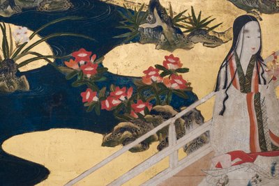Detalle de Primavera en el Palacio, biombo de seis paneles de El Cuento de Genji, c.1650 de Japanese School
