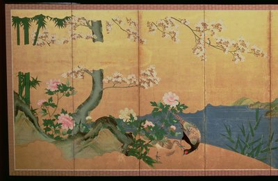 Garzas en un arroyo con una isla de lirios, Período Edo de Japanese School