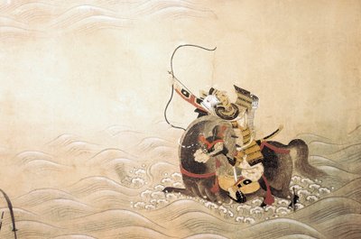 Episodio de la Guerra Genpei (1180-1185): un samurái armado con un arco y montado en un caballo cruza un río en un vado. Arte japonés de la escuela Tosa de Japanese School