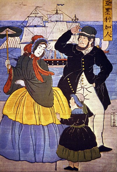 Familia europea en el puerto de Yokohama pintada por un artista japonés en 1861 de Japanese School