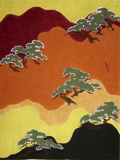Diseño de tela de montaña con árboles, finales del siglo XIX de Japanese School