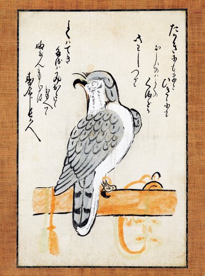 Halcón atado a una percha, ilustración en rollo vertical, finales del siglo XIX, tinta y color sobre papel, 43x2,5 cm, Civilización japonesa, periodo Meiji de Japanese School