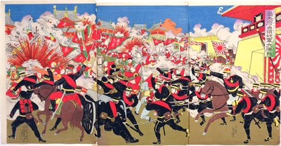 Feroz lucha entre tropas japonesas y chinas en una ciudad china, un episodio de la Guerra Sino-Japonesa, finales del siglo XIX de Japanese School