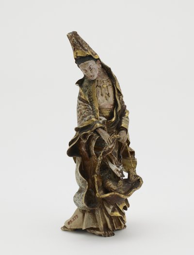 Figura de Kannon sosteniendo un pez en una cesta, era Meiji de Japanese School
