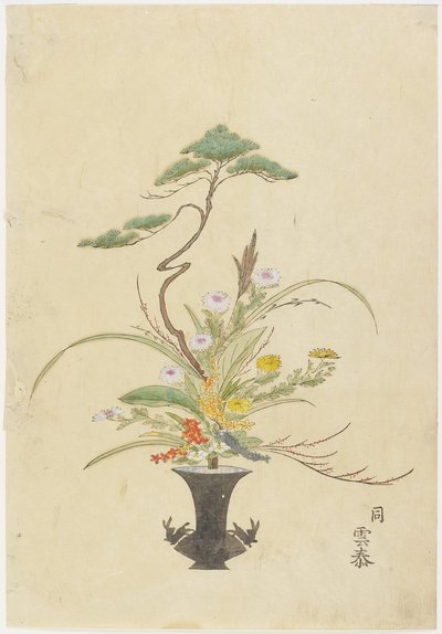 Arreglo floral por Takada Anritsub? Untai, pino, crisantemo y camelia de Japanese School