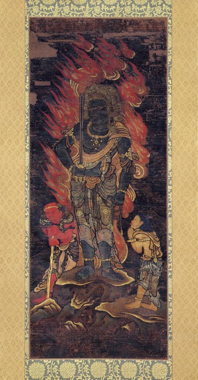 Fudo Myoo y dos asistentes (tinta y color sobre seda) de Japanese School