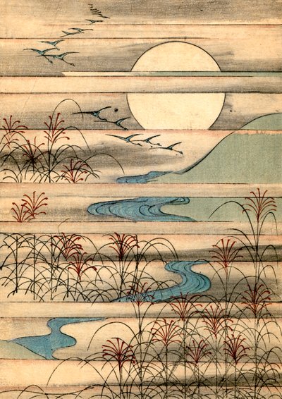 Luna llena sobre un paisaje fluvial de Japanese School