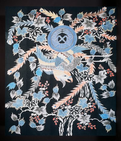 Colcha Futonji con motivos de fénix, paulownia y narcisos, algodón, tinte con índigo, pigmento y tinta de Japanese School