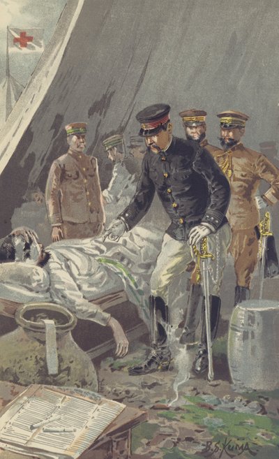 El príncipe general Fushimi consuela a un soldado herido tras la feroz batalla de Nanshan (cromolito) de Japanese School