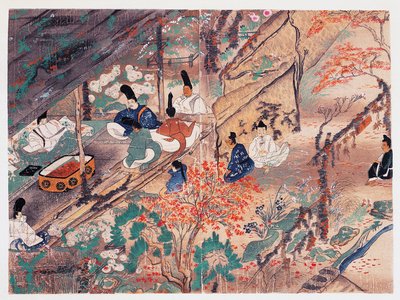El estadista y poeta Heian Sugawara Michizane (845-903), conocido como Tenjin-San (espíritu celestial), en el exilio en el santuario Kitano Tenman-Gu de Kioto dividiendo las ropas donadas por el que fuera emperador, Fujiwara Nobuzane (1176-1268), periodo K de Japanese School
