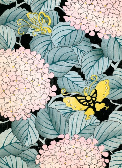 Hortensias y mariposas de Japanese School