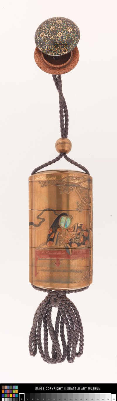 Inro decorado con una dama de la corte, ojime y netsuke de Japanese School