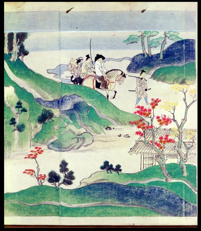 Ippen cabalgando con su escolta, de una historia ilustrada de la vida del monje Ippen (1239-89) de Japanese School