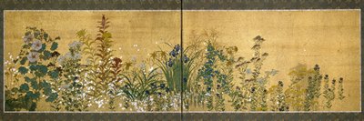 Arte japonés: paneles de pantalla decorados con flores de Japanese School