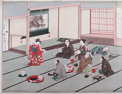 Japoneses comiendo, bebiendo y siendo entretenidos en una casa de té de Japanese School