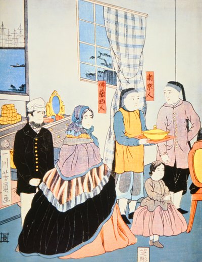 Impresión japonesa c.1870 mostrando visitantes europeos en Japón de Japanese School