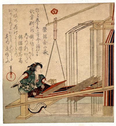 Mujer japonesa con su telar, impresión de finales del siglo XIX. Genes. Museo Chiossone de Japanese School