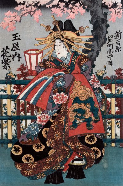 Panel izquierdo de un tríptico de cortesanas japonesas de Japanese School
