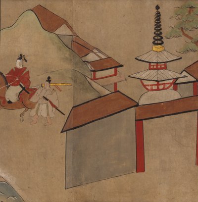 Hombre cabalgando cerca de la pagoda, ilustración del 