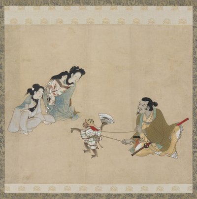 Entrenador de monos y mono realizando una danza, período Edo de Japanese School