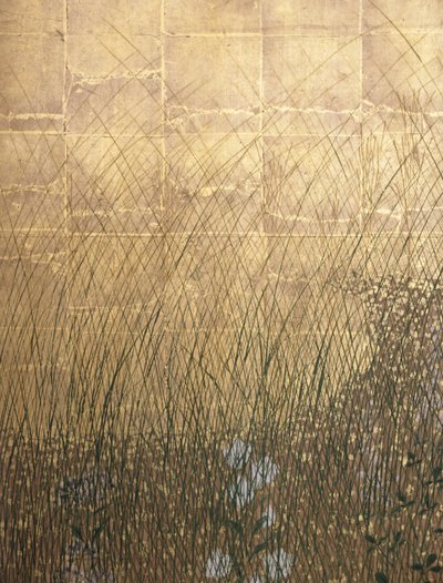 Moon In Musashi Plain (color y oro sobre papel) de Japanese School