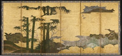 Bosque de bambú a la luz de la luna, principios del siglo XVI (par de pantallas de seis paneles; tinta, color y oro sobre papel) de Japanese School