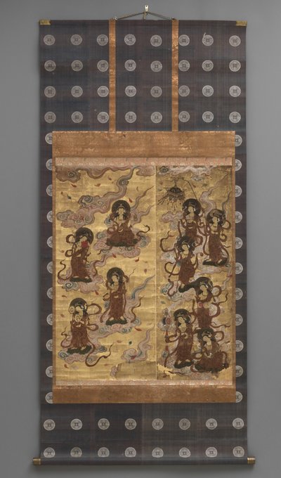 Pintura mural: Descenso de veinticinco bodhisattvas (asistentes de la tríada Amitabha), siglo XVIII de Japanese School