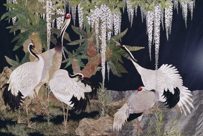 Colgante de bordado con grullas, cícadas y glicinas de Japanese School