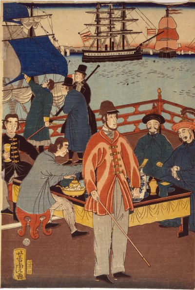 Impresión de un tríptico que muestra a mercaderes europeos tomando un refresco con japoneses. Al fondo, barcos en el puerto de Yokohama, Japón. de Japanese School