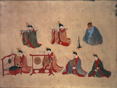 Or.961 fol.5 Siete músicos sentados, de las actuaciones musicales de Ryukyu, c.1800-50 (pluma y tinta y acuarela sobre papel) de Japanese School