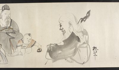 O. 14872, f.30 Dos adultos y un niño, de Yoshida Seisai (pergamino) de Japanese School