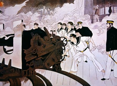 Pintura de artilleros navales japoneses en acción durante la Batalla del Río Yalu en septiembre de Japanese School