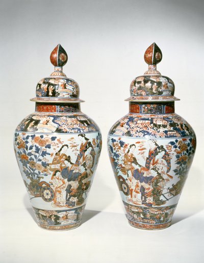Par de jarrones balustre Imari con tapas de Japanese School