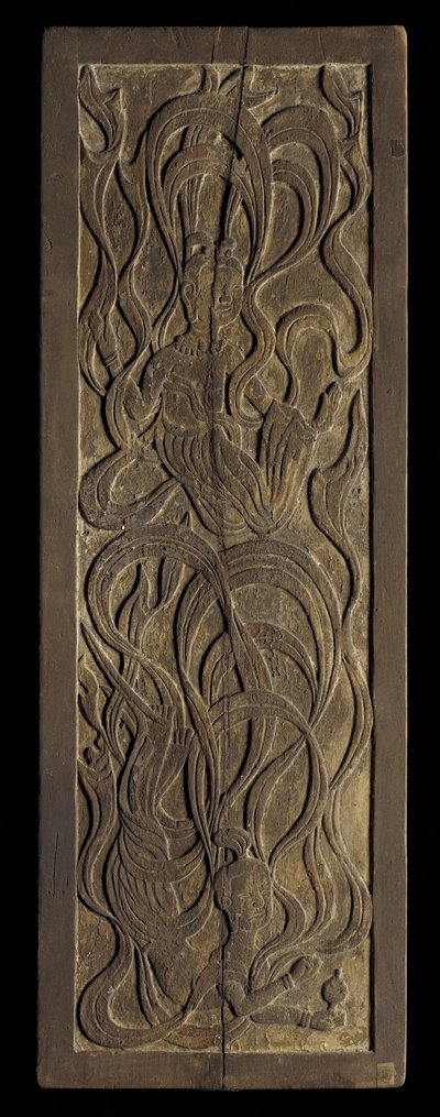 Panel con talla en bajo relieve de apsaras budistas de Japanese School