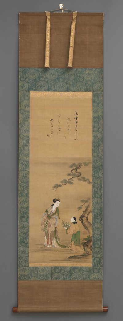 Madre durazno y asistente junto al pino, principios del siglo XIX de Japanese School