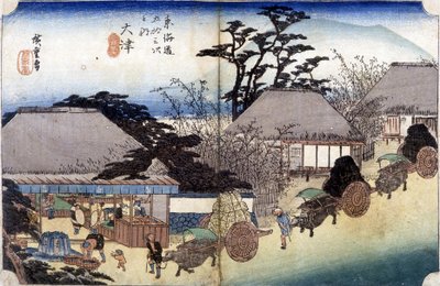 Campesinos cruzando un pueblo con sus carros - impresión japonesa de Japanese School
