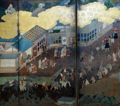 Biombo portugués: una representación de la llegada de los misioneros jesuitas portugueses a Japón en el siglo XVI. (detalle) de Japanese School