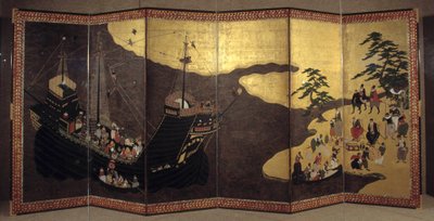 Biombo portugués que representa la llegada de misioneros jesuitas portugueses a Japón en el siglo XVI de Japanese School