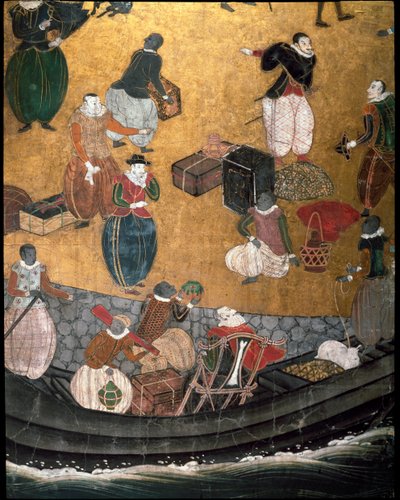Biombo “portugués” que representa la llegada de misioneros jesuitas portugueses a Japón en el siglo XVI - 1590-1614 - Detalle que representa el desembarco de víveres - Escuela Namban de Japanese School